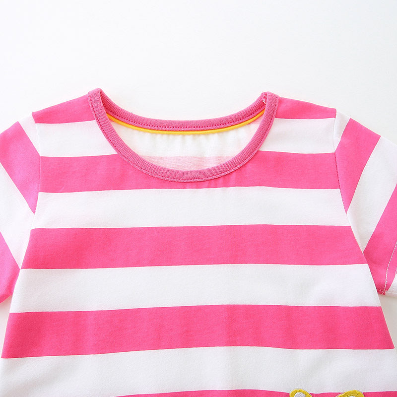 Summer Arrival Baby Girls Floral Leopards Pattern Short Sleeves Striped Dress, MyKids-USA®, Baby & Toddler Dresses, MyKids-USA -  -  -  -  -  -  - 