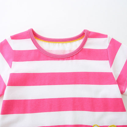 Summer Arrival Baby Girls Floral Leopards Pattern Short Sleeves Striped Dress, MyKids-USA®, Baby & Toddler Dresses, MyKids-USA -  -  -  -  -  -  - 