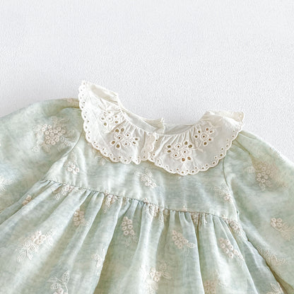MyKids-USA® Autumn Arrival Baby Girls Long Sleeves Light Green Flowers Embroidered Bodysuit