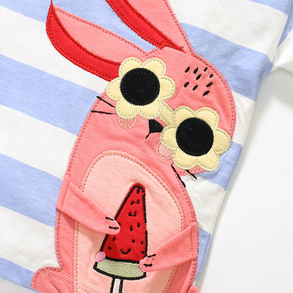 Summer Baby Kids Girls Rabbit Cartoon Striped Top And Shorts Casual Clothing Set