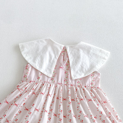 Design Summer Baby Kids Girls Sleeveless Flowers and Striped Pattern Bodysuit Dress