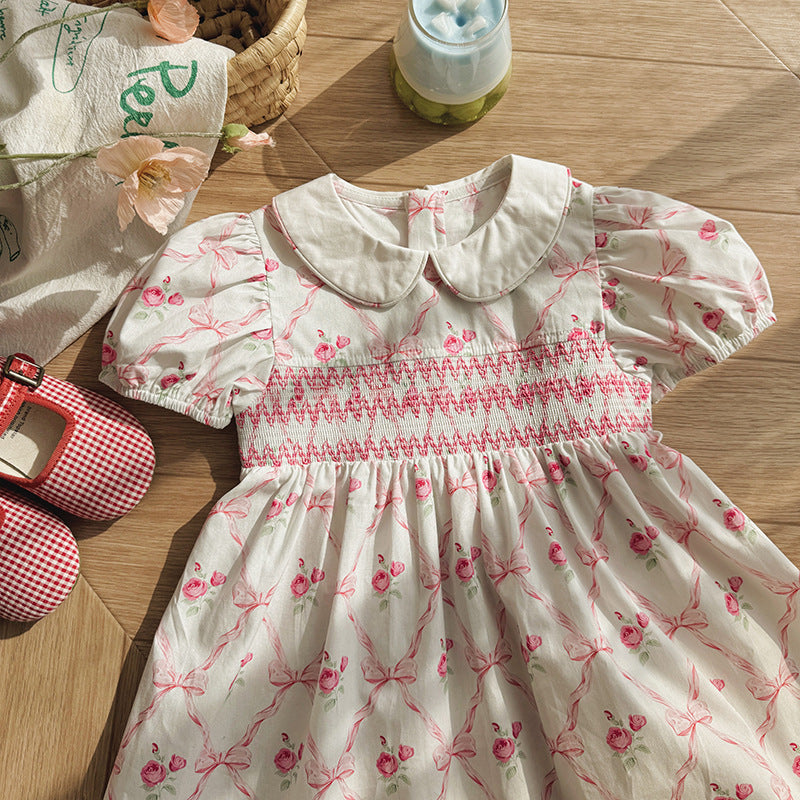 Summer Arrival Baby Girls Short Sleeves Argyle and Floral Pattern Dress, MyKids-USA®, Baby & Children's Dresses, MyKids-USA -  -  -  -  -  -  - .