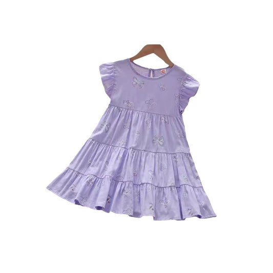 Summer Kids Girls Purple Fly Sleeves Crew Neck Butterfly Print Dress
