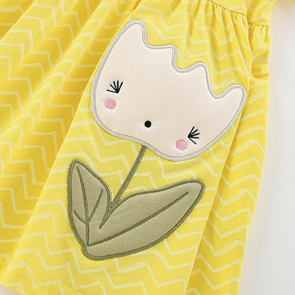 Summer Arrival Cartoon Flowers Pattern Short Sleeves Crew Neck Striped Dress for Stylish Girls, MyKids-USA®, Baby & Toddler Dresses, MyKids-USA -  -  -  -  -  -  - 