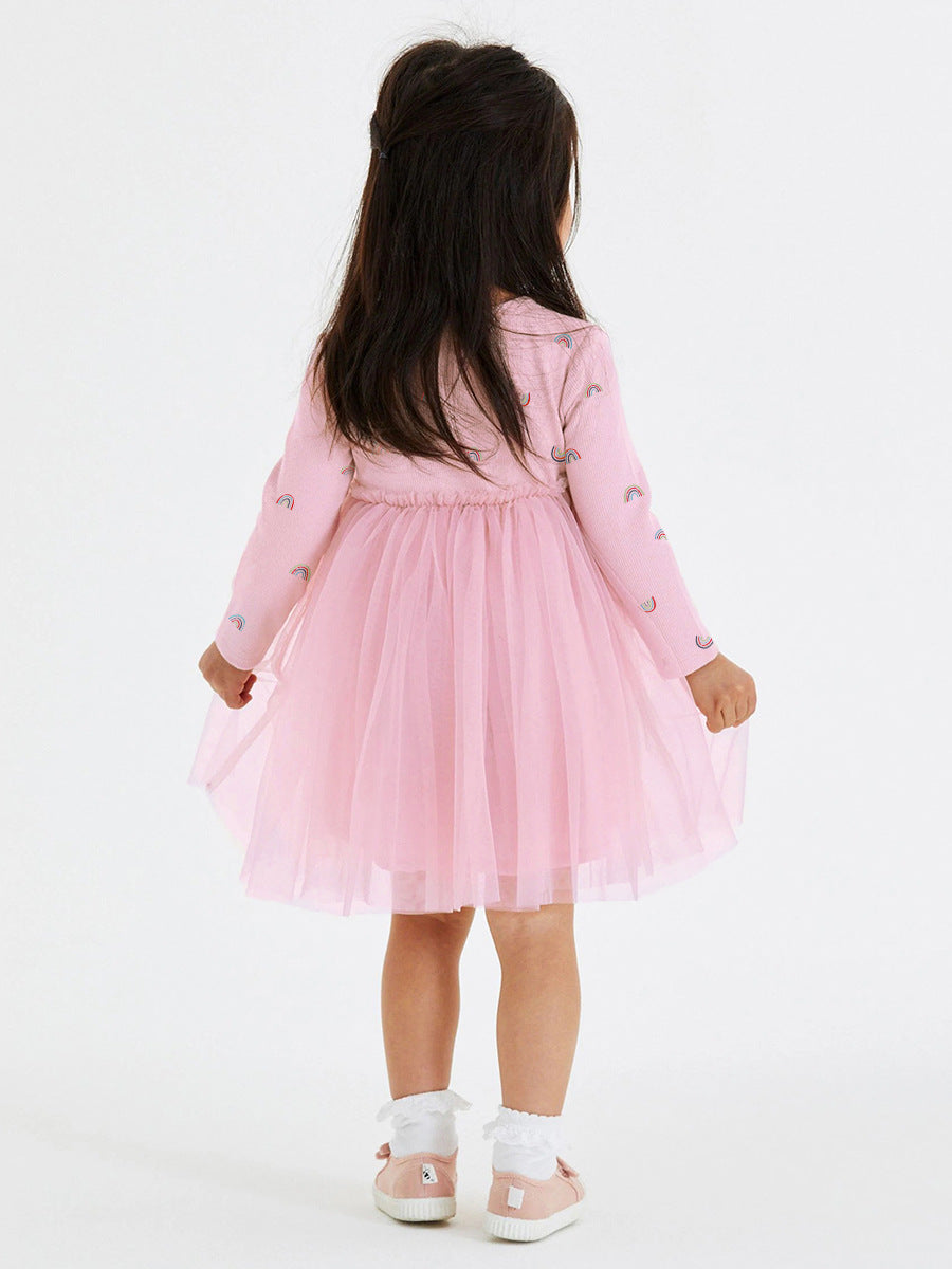 Arrival Autumn Girls Rainbows Print Crew Neck Long Sleeves Tulle Patchwork Princess Dress 140 (8-10Y) / Pink Arrival Autumn Girls Rainbows Print Crew Neck Long Sleeves Tulle Patchwork Princess Dress 140 (8-10Y) / Pink