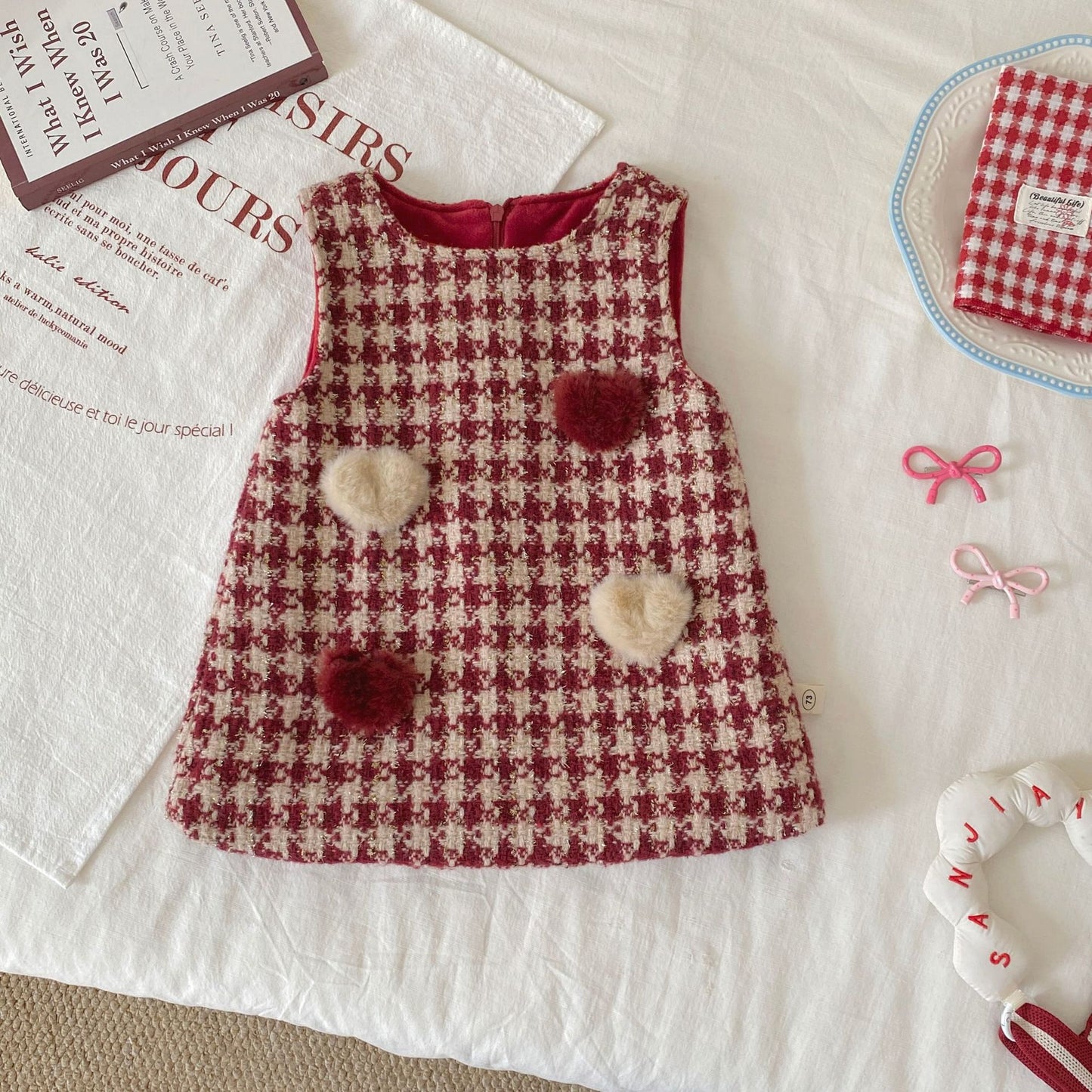 Winter and Autumn Baby Kids Girls Long Sleeves Knitted Sweater and Houndstooth Sleeveless Dress Clothing Set