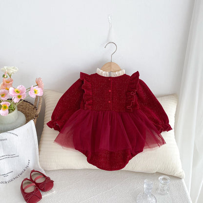 Autumn Arrival Baby Girls Long Sleeves Red Ruffle Neck Patchwork Onesies Dress, MyKids-USA®, Baby One-Pieces, MyKids-USA -  -  -  -  -  -  - 