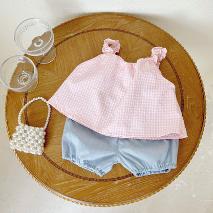 Summer Baby Kids Plaid Pattern Sleeveless Top Vest with Shorts Clothing Set for Girls, MyKids-USA®, Baby & Toddler Outfits, MyKids-USA -  -  -  -  -  -  - 