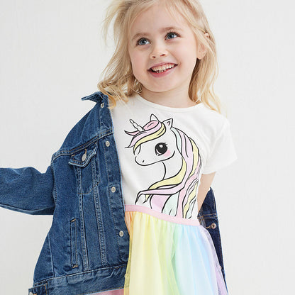 Baby Girls Short Sleeves Unicorn Printing Tulle Dress