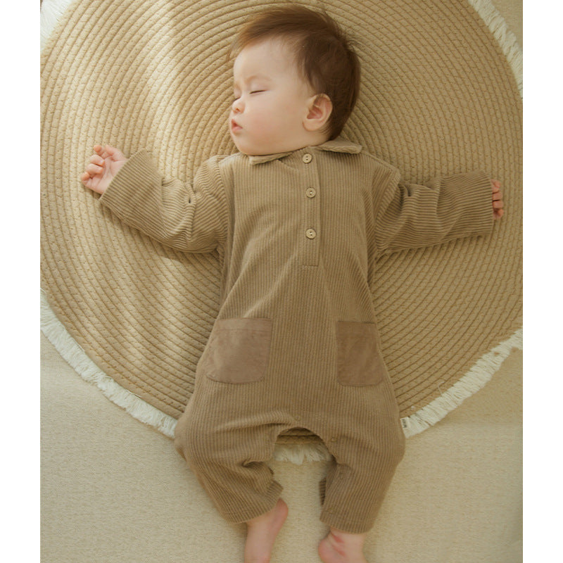 Autumn Arrival Baby Unisex Long Sleeves Solid Color Corduroy Rompers, MyKids-USA®, Baby One-Pieces, MyKids-USA - Size/Age - 66 (3-6M) - Color - Khaki -  -  - TR2509152323-A.