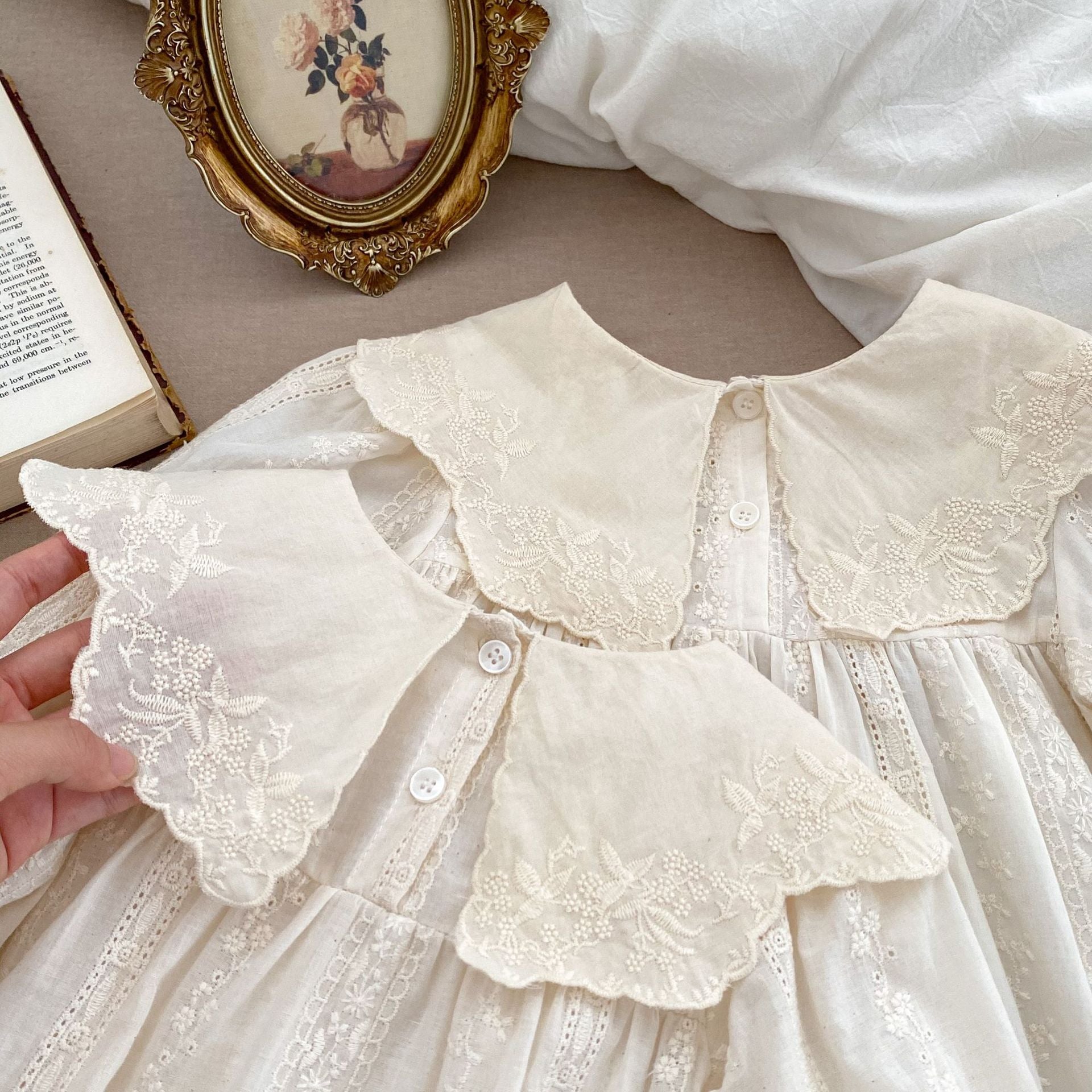 Spring Baby Beige Floral Embroidery Long-Sleeved bodysuit And Dress Fo MyKids-USA Spring Baby Beige Floral Embroidery Long-Sleeved bodysuit And Dress Fo MyKids-USA