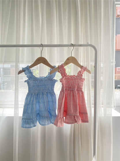 Summer Arrival Baby Girls Sleeveless Plaid Pattern Strap Dress