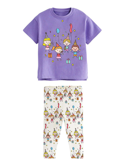 Girls Festival Cartoon Purple T-Shirt And Beige Pants Set