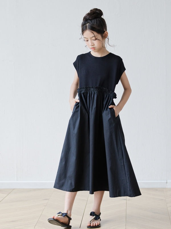 Summer Arrival Short Sleeves Patchwork Design Black Dress for Stylish Girls