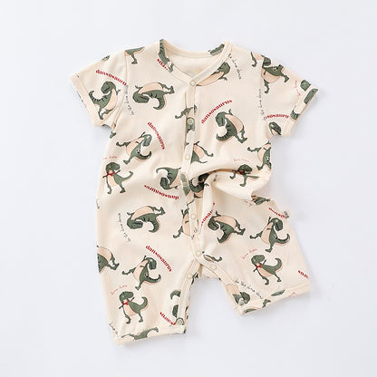 Summer Baby Boys And Girls Cartoon Print Short Sleeves Button Front Romper