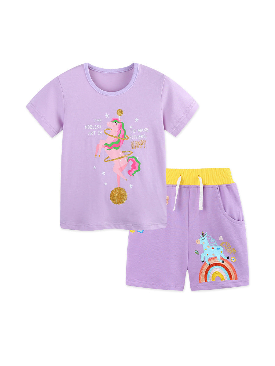 Arrival Summer Baby Kids Girls Short Sleeves Cartoon Pattern T-shirt and Shorts Clothing Set