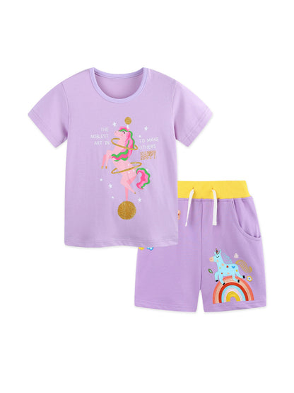 Arrival Summer Baby Kids Girls Short Sleeves Cartoon Pattern T-shirt and Shorts Clothing Set