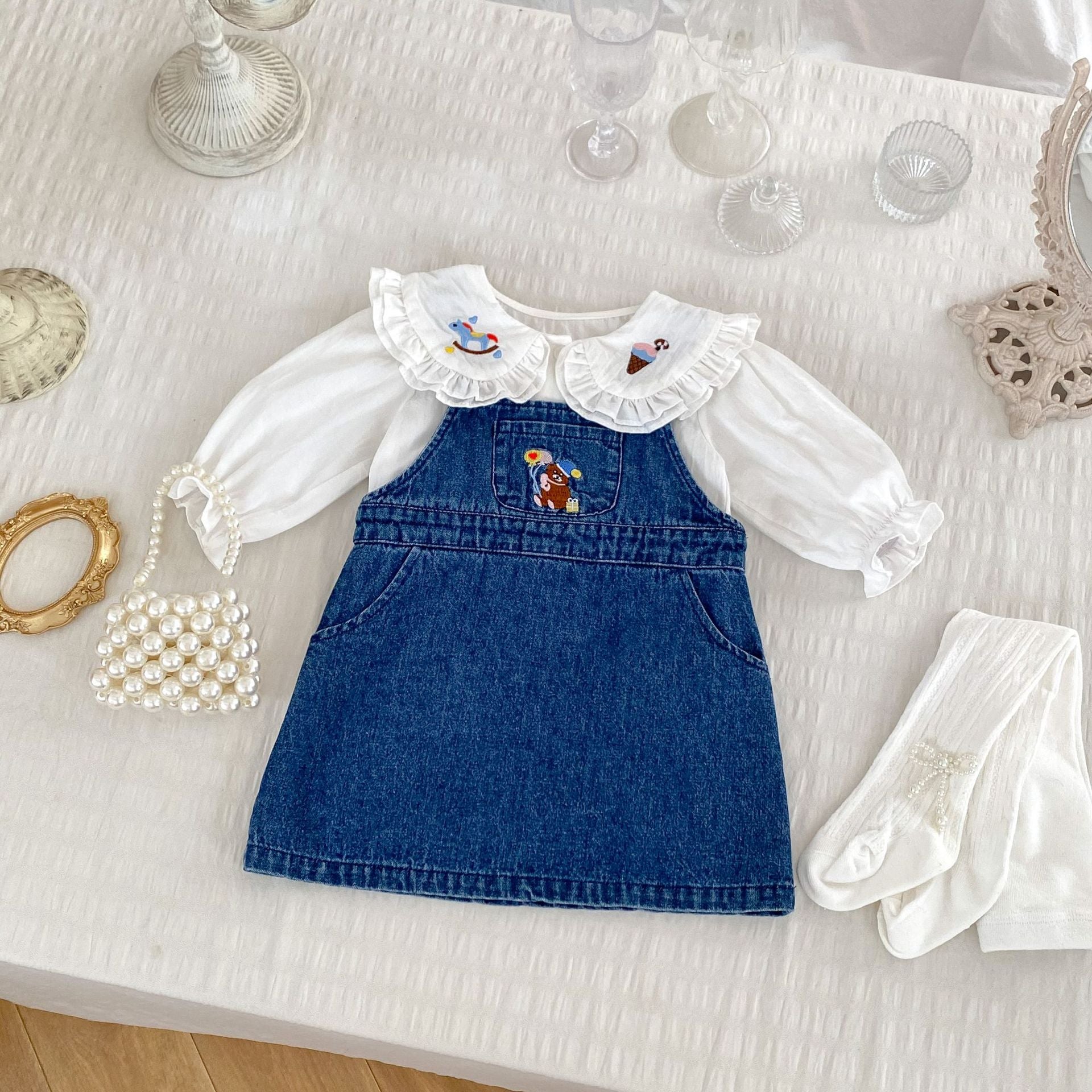 Arrival Autumn Baby Girls Cartoon Embroidery Pattern Long Sleeves Top and Denim Strap Dress Clothing Set, MyKids-USA®, Baby & Toddler Dresses, MyKids-USA -  -  -  -  -  -  - 