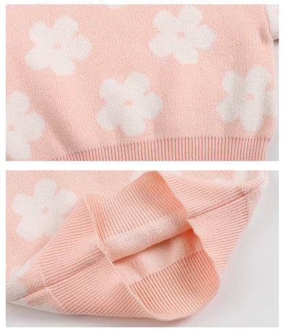 Autumn and Spring Hot Selling Flowers Pattern Long Sleeves Pink Knitted Pullover for Stylish Girls