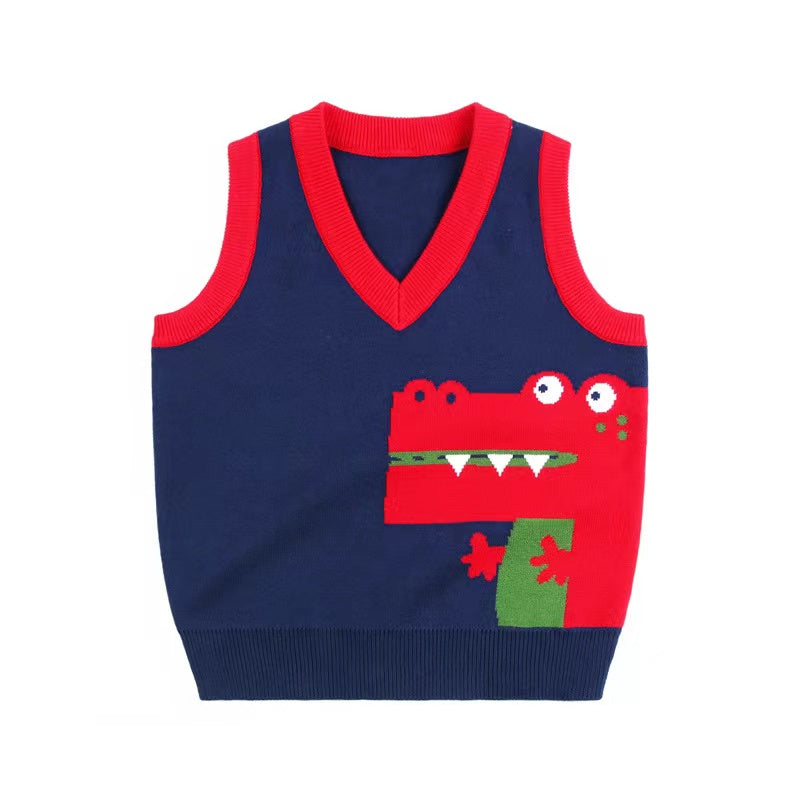 Baby Boy Cartoon Graphic Contrast Design V-Neck Sleeveless Knitted Vest Sweater