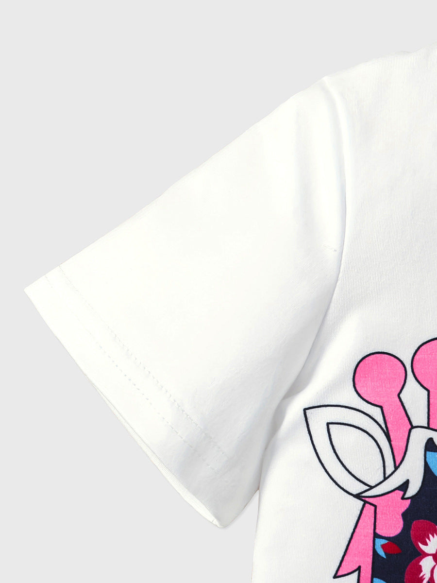 Summer Hot Selling Baby Kids Girls Short Sleeves Floral Cartoon Pattern T-shirt and Shorts Clothing Set
