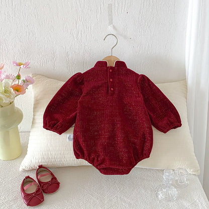Autumn Arrival Baby Girls Long Sleeves Vintage Flowers Pattern Red Onesies, MyKids-USA®, Baby One-Pieces, MyKids-USA -  -  -  -  -  -  - 