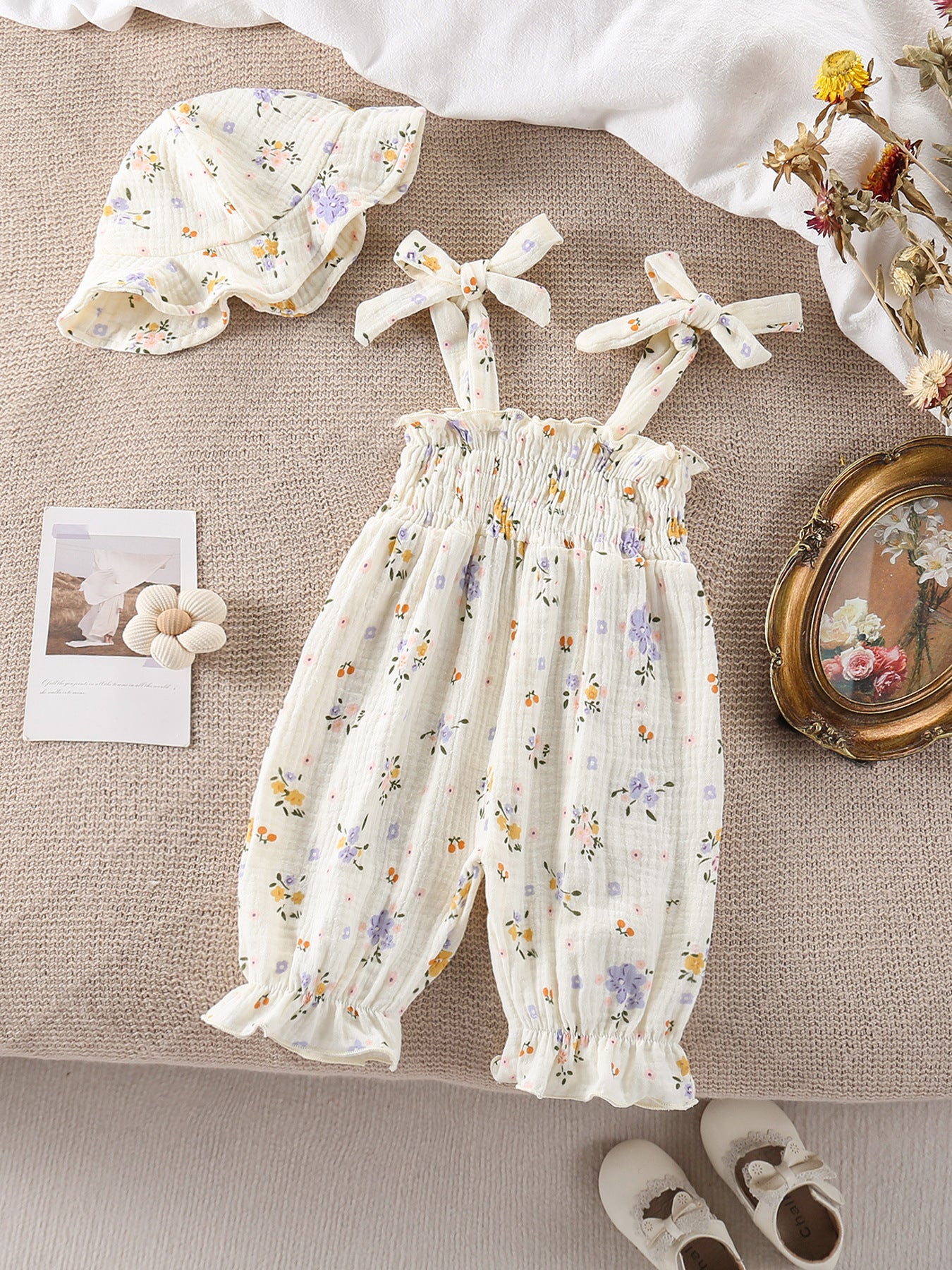 Design Summer Baby Kids Girls Sleeveless Flowers Pattern Rompers with Hat