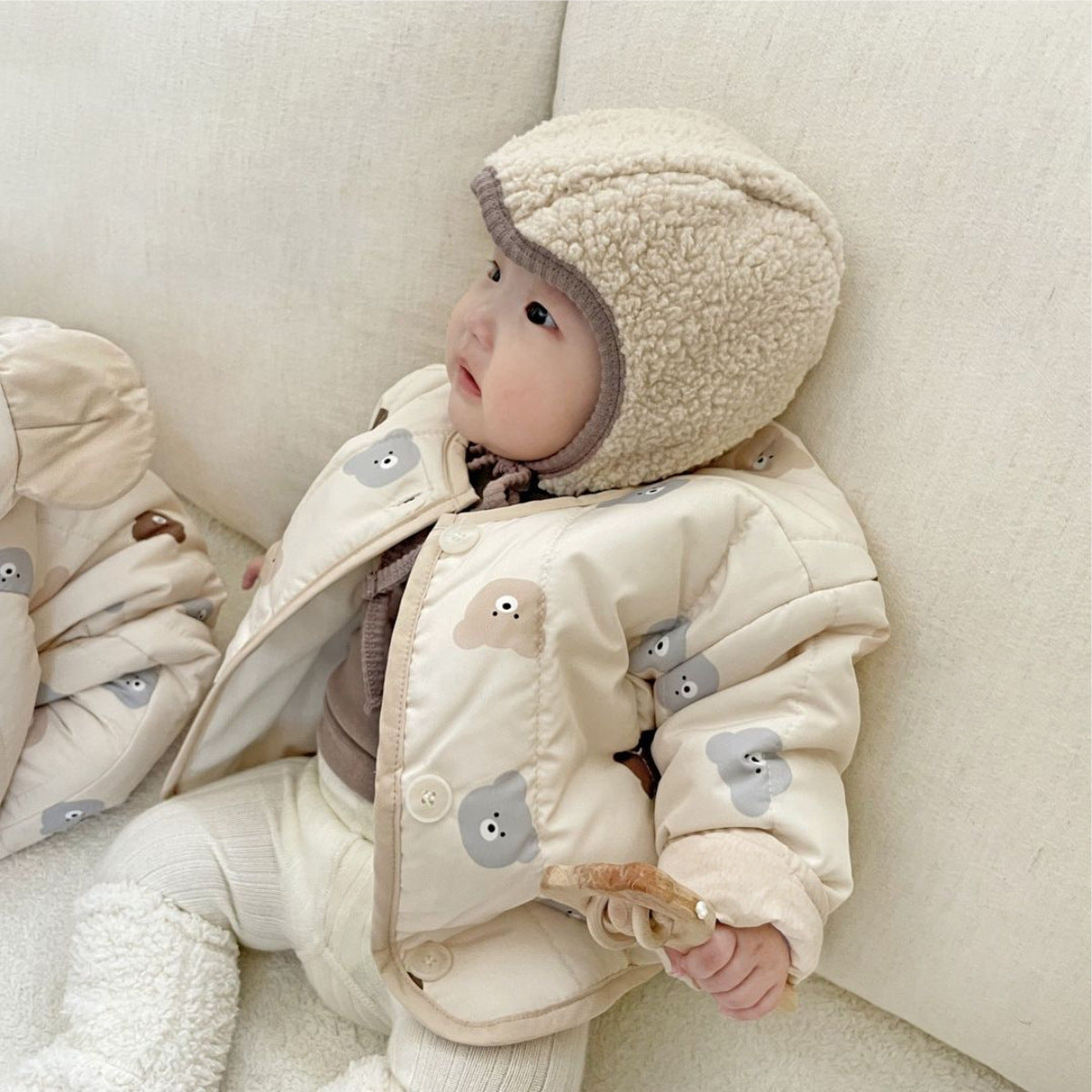 Baby Unisex Little Bear Head Thickened Long Sleeves Cardigan Coat In Winter
