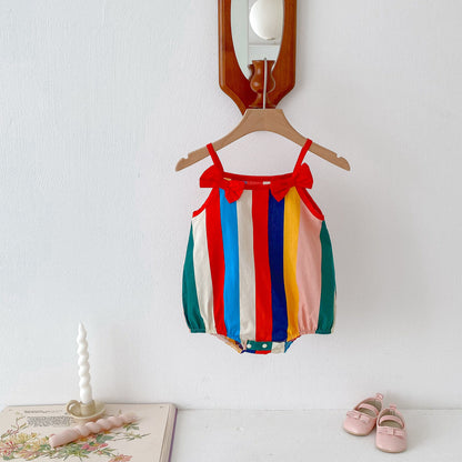 Summer Hot Selling Baby Girls Rainbow Striped Sleeveless Bows Strap Onesies