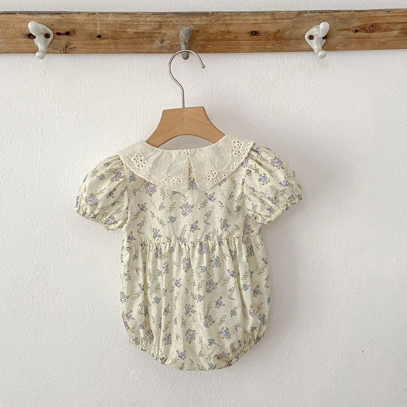 Summer Arrival Baby Girls Vintage Short Sleeves Floral Pattern bodysuit with Hollow-out Collar, MyKids-USA®, Baby One-Pieces, MyKids-USA -  -  -  -  -  -  - .