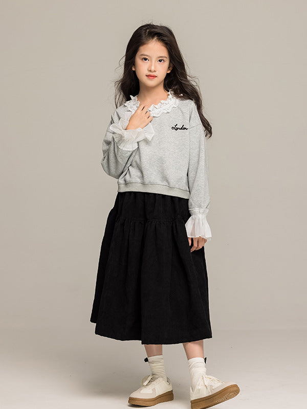 Arrival Autumn Kids Girls Long Sleeves Letters Pattern Lace Trim Top and Black Skirt Sets