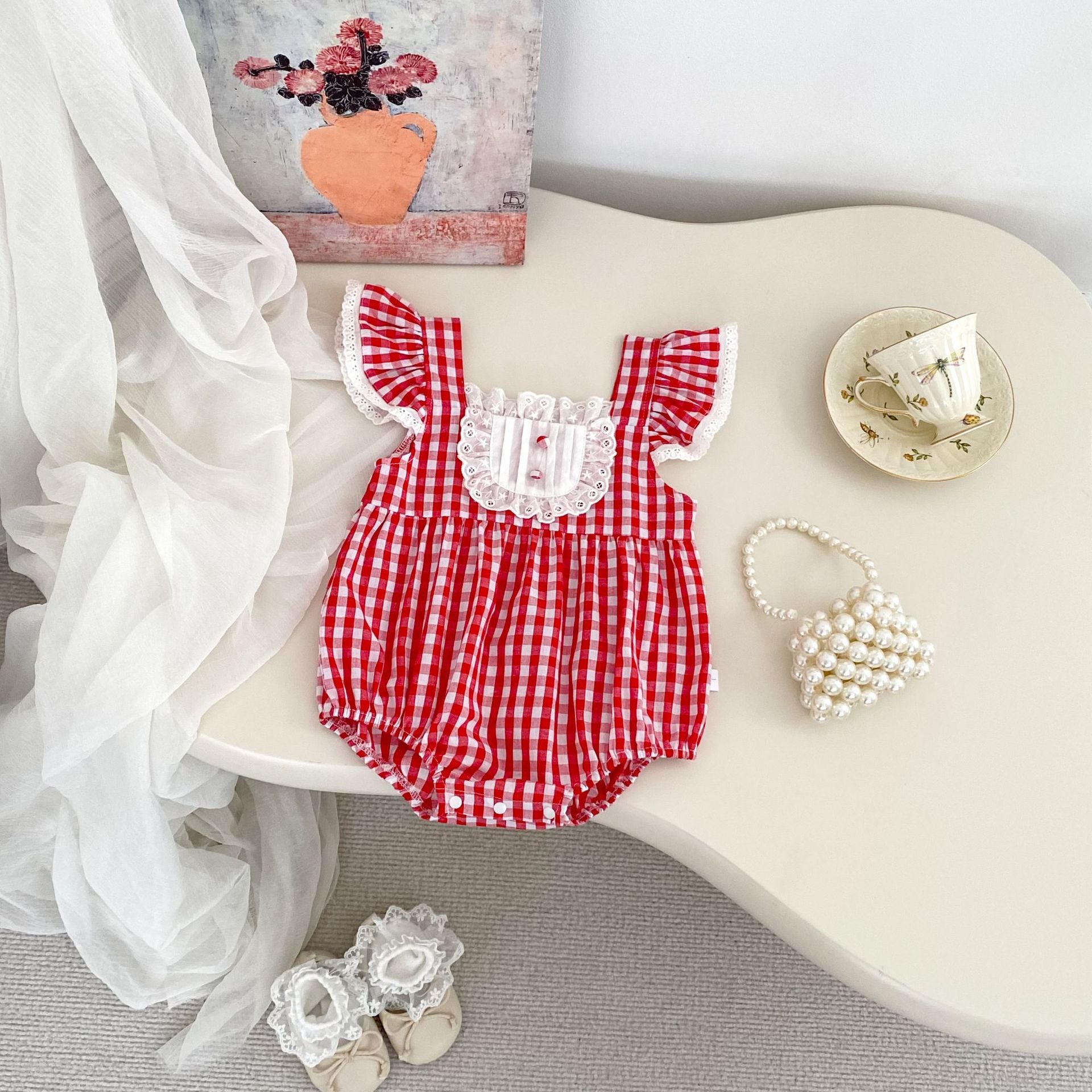 Summer Arrival Baby Girls Fly Sleeves Thin Plaid Pattern Strap Onesies, MyKids-USA®, Baby One-Pieces, MyKids-USA -  -  -  -  -  -  - 