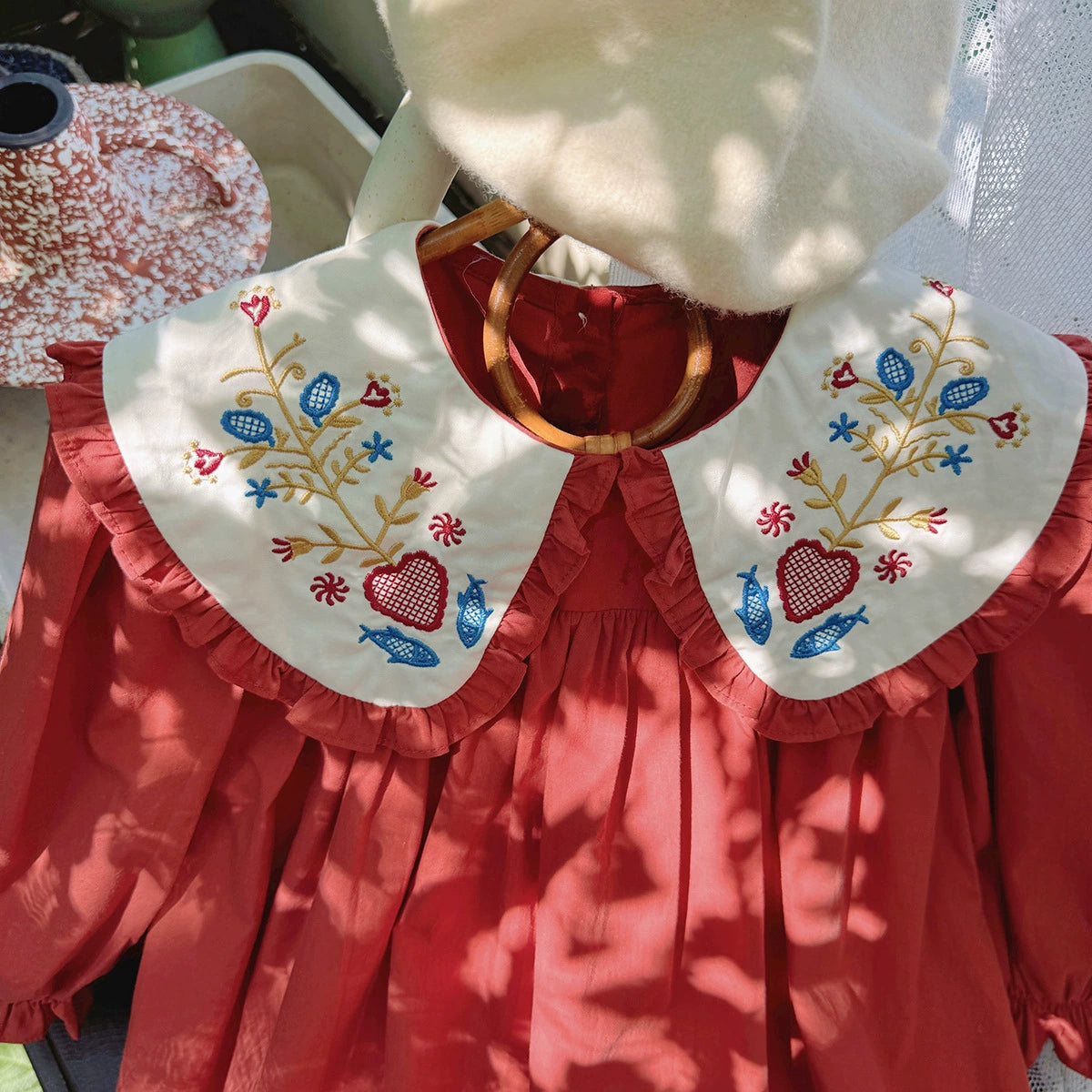 MyKids-USA Girls Vintage Flowers Embroidery Pattern Long Sleeves Dress 120 (5-7Y) / Red