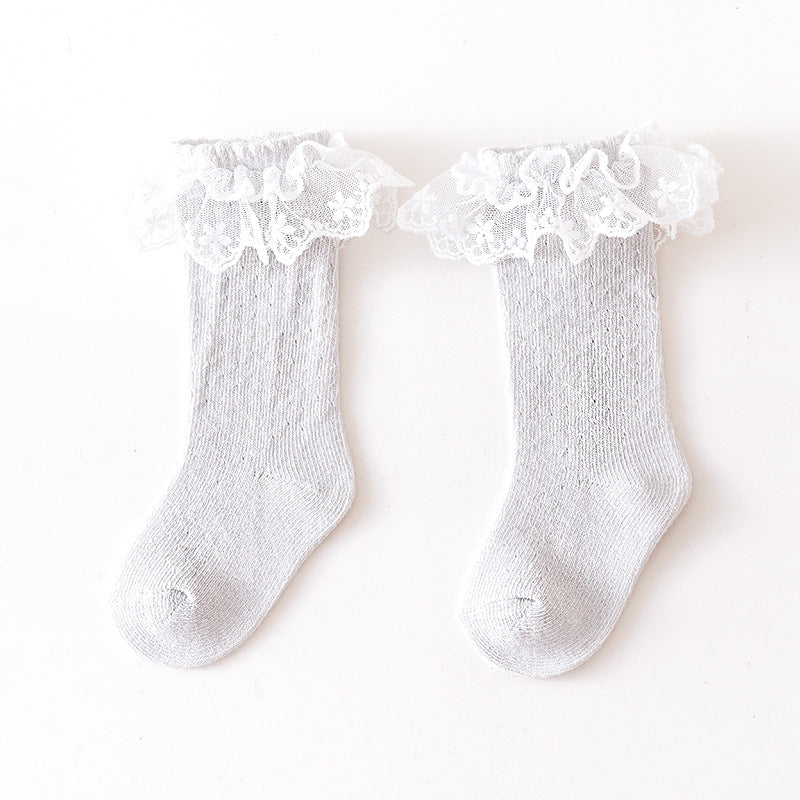 Baby Girl Solid Color Mesh Patched Design Lace Socks