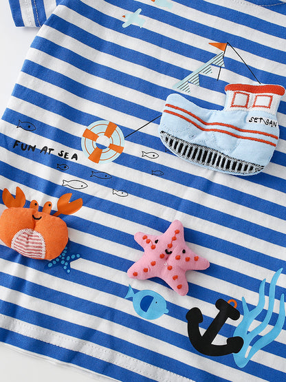 Summer Boys’ Cartoon Pattern Striped T-shirt in European and American Style