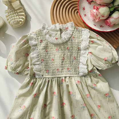 Summer Baby Kids Girls Short Sleeves Flowers Pattern Ruffle Neck Princess Dress