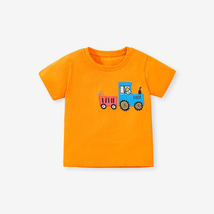 Crew Neck Transportation Cartoon Collection Boys’ T-Shirt In European And American Style For Summer