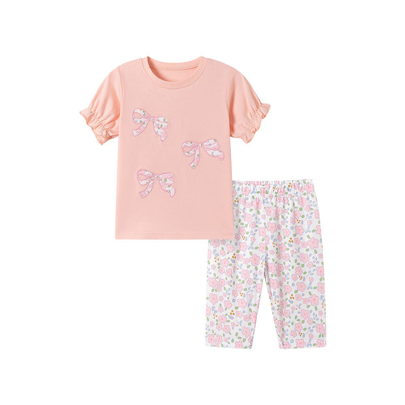 Summer Hot Selling Baby Kids Girls Short Sleeves Butterfly-Bows Pattern T-shirt and Floral Pants Clothing Set