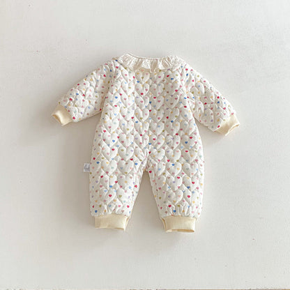 Winter Arrival Baby Girls Long Sleeves Hearts Pattern Fleece-Lined Rompers