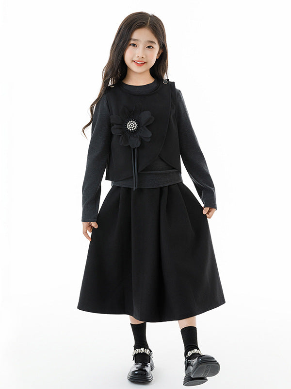 Arrival Autumn Kids Girls Grey Top, Black Sleeveless Vest and Skirt Clothing Set