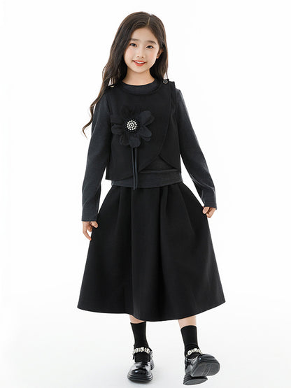 Arrival Autumn Kids Girls Grey Top, Black Sleeveless Vest and Skirt Clothing Set
