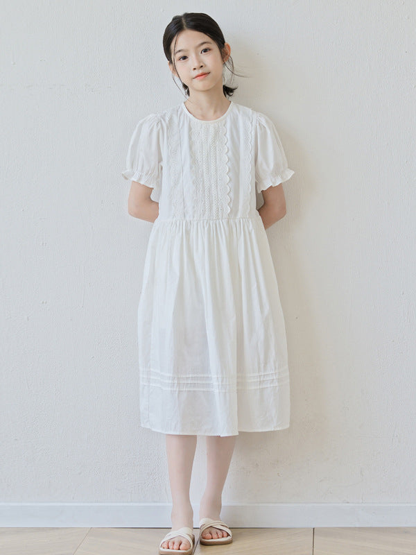 Summer Arrival Short Sleeves Solid Color Crew Neck Dress for Stylish Girls