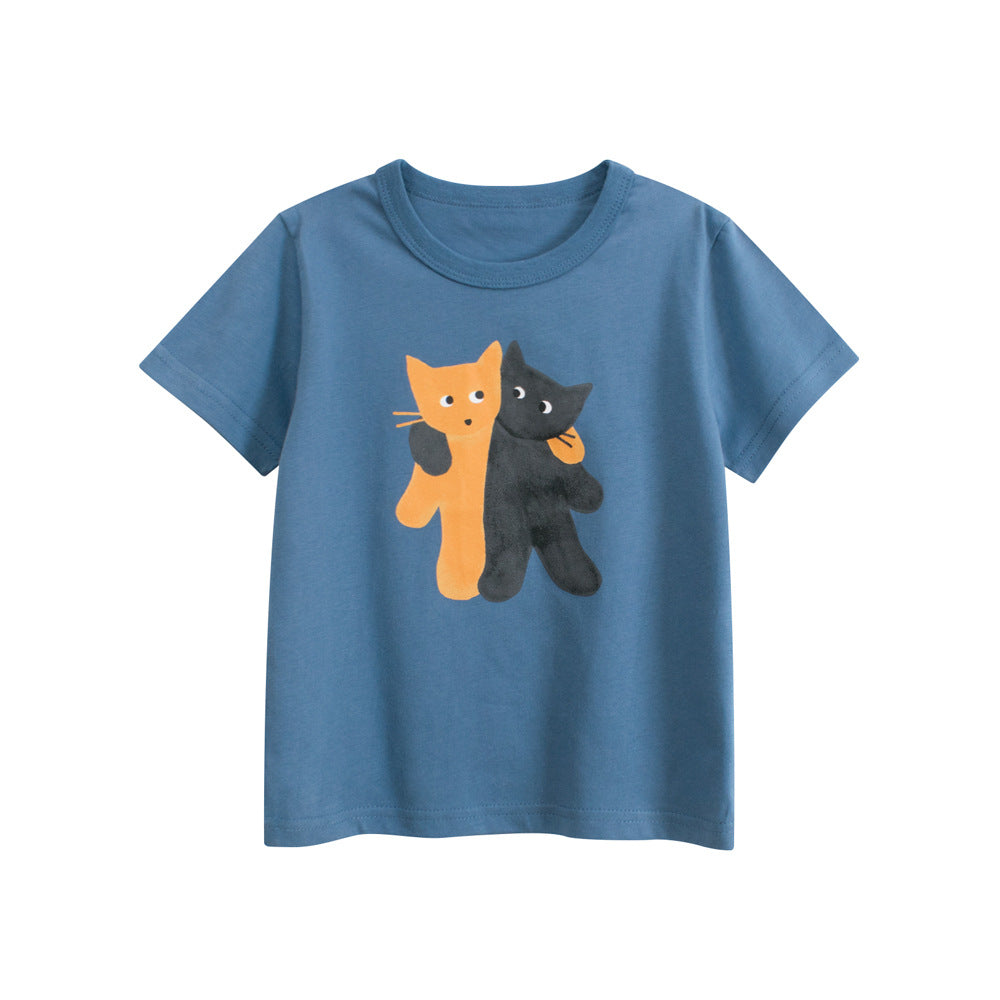 Summer Boys’ Cartoon Animals Cats Pattern T-shirt in European and American Style, MyKids-USA®, Baby & Toddler Tops, MyKids-USA - Size/Age - 90 (12-24M) - Color - Blue -  -  - TR2504271623-A