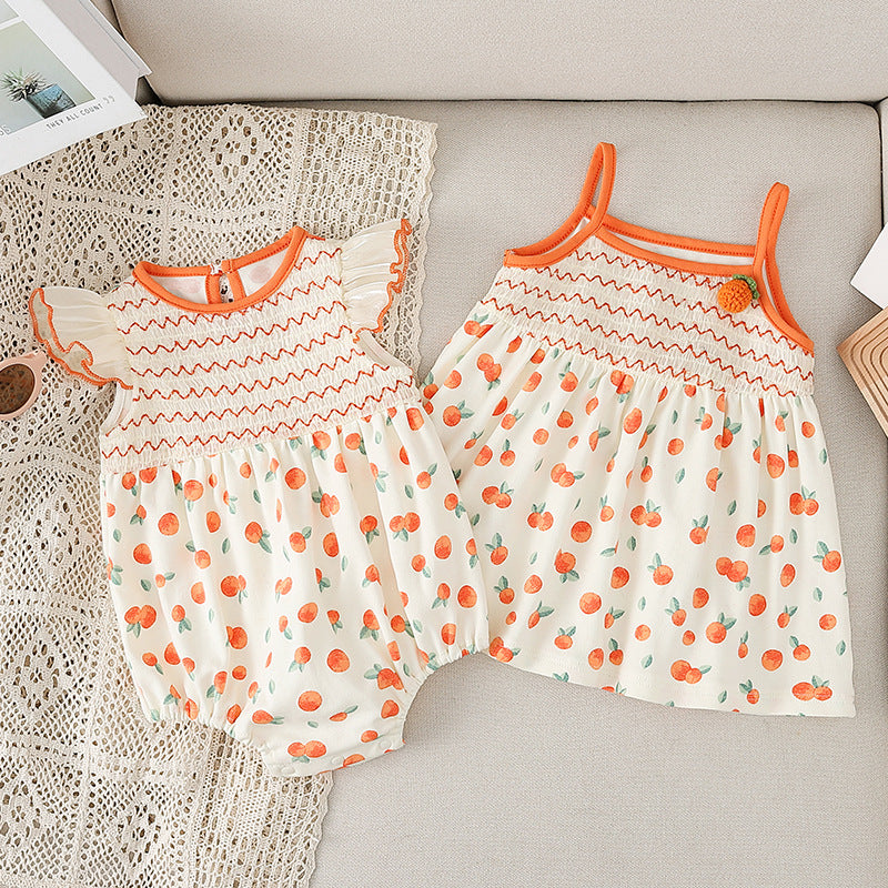 New Design Summer Girls Vivid Orange Print Striped Sleeveless Strap Dress