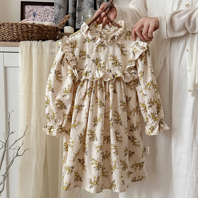 Arrival Autumn Girls French Style Ruffle Neck Long Sleeves Floral Pattern Dress, MyKids-USA®, Baby & Toddler Dresses, MyKids-USA - Size/Age - 90 (12-24M) - Color - Beige -  -  - TR2408241016-A