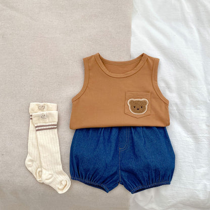 Baby Bear Patched Tops With Denim Shorts Sets