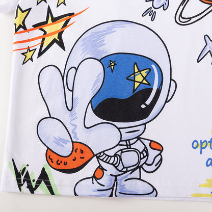 Summer Hot Selling Baby Kids Boys Short Sleeves Cartoon Pattern T-shirt and Black Shorts Clothing Set