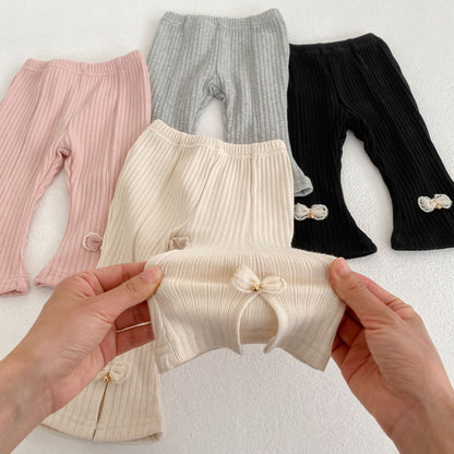 Spring Baby Girls Elastic Double Bow Decorated Solid Color Pants