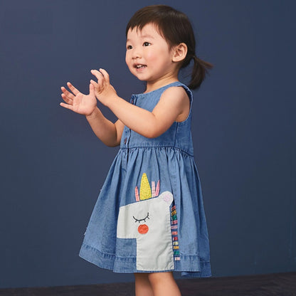 Summer Baby Kids Girls Unicorn Cartoon Pattern Sleeveless Blue Denim Dress