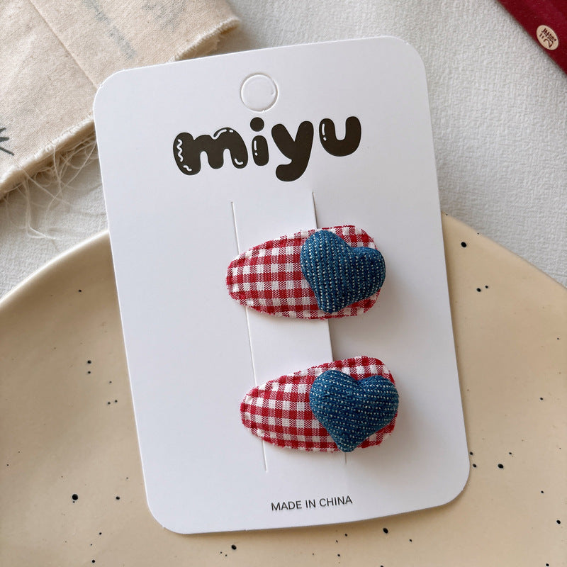 Collection of 2 Versatile Plaid Pattern and Heart Decorated Hair Clips, MyKids-USA®, Hair Pins, Claws & Clips, MyKids-USA - Size/Age - Average Size (0-12Y） - Color - Navy Blue (Dark Blue) -  -  - TR2603031313-B.
